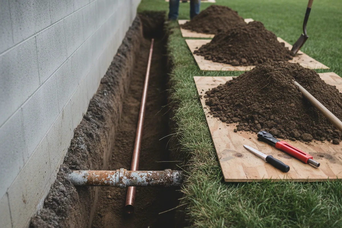 Excavated water line trench during Sewer Line Repair in Trenton